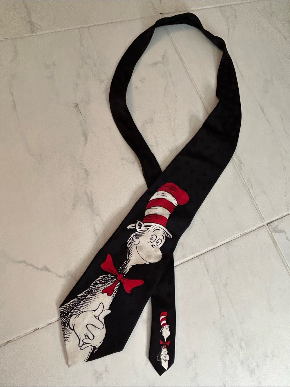 Dr. Seuss Black Tie with Red and White Cat in the Hat Design.  Silk!  EUC!